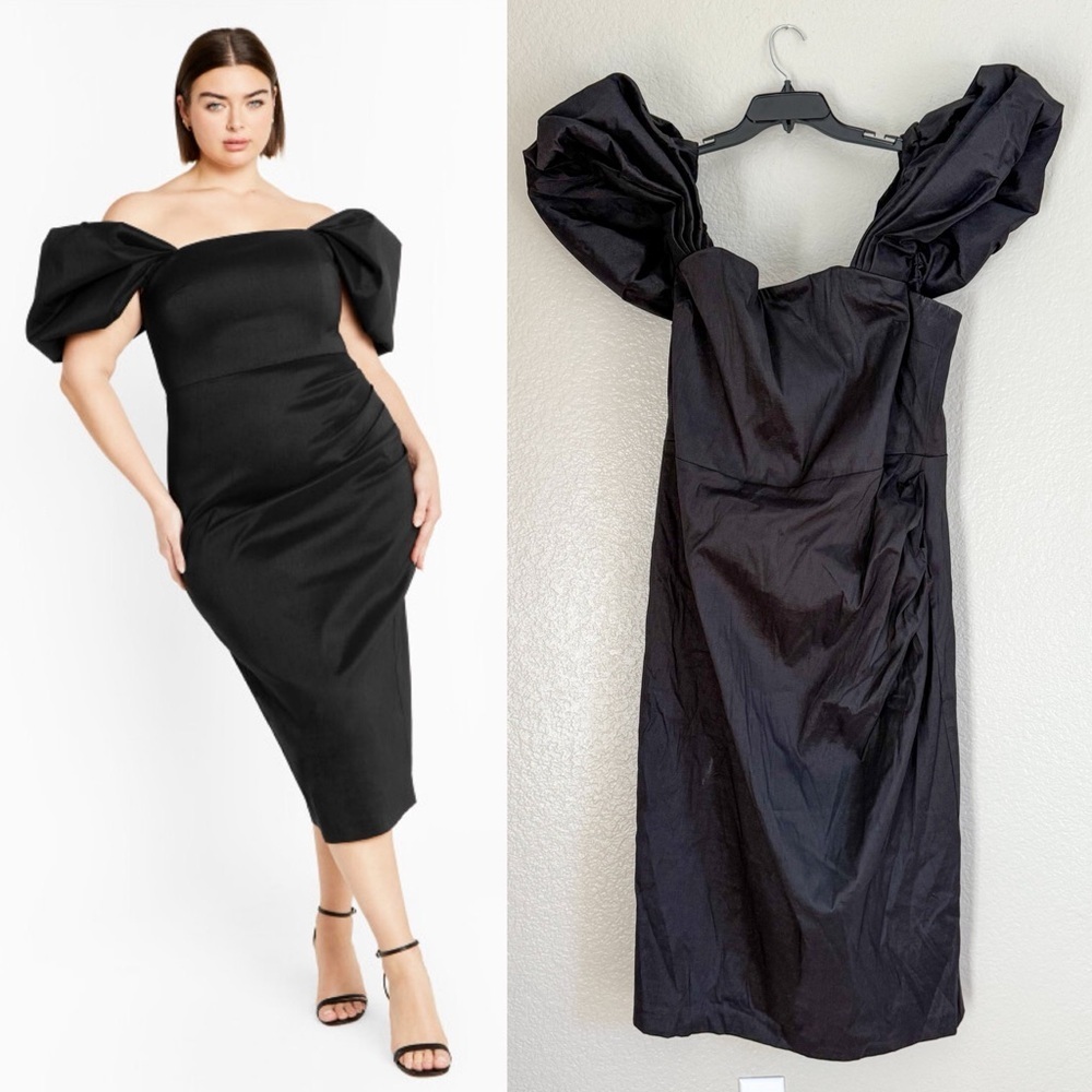 City Chic Black Off-Shoulder Puff Sleeve Midi Dress